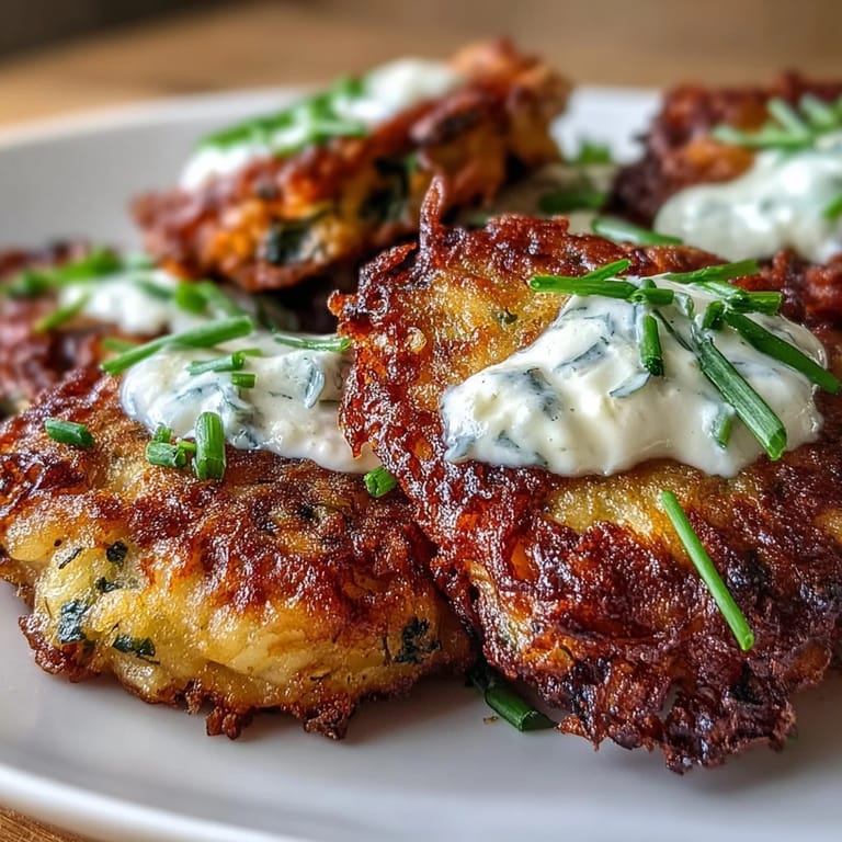 Savory smashed potato cakes packed with parsley and chives, fried until crisp and finished with creamy sour cream topping.
