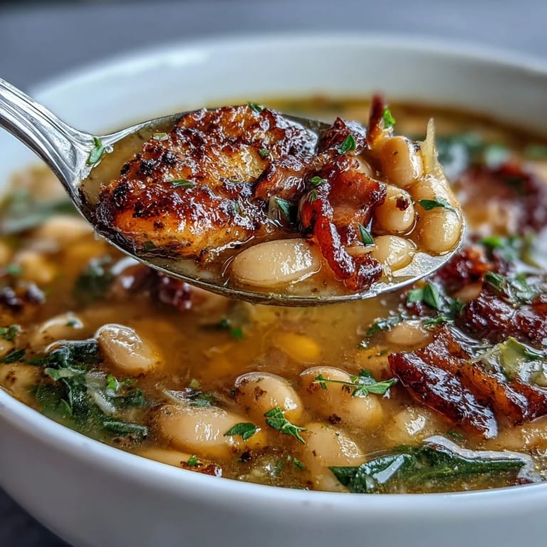 Hearty ham and white bean stew garnished with parsley and Parmesan, served with crusty bread for dipping.