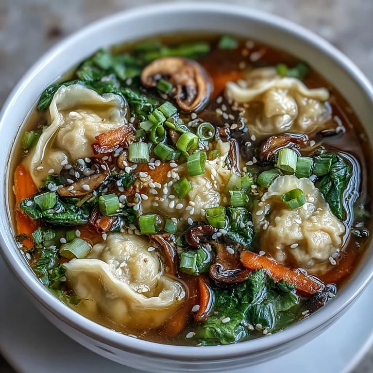 Hearty Asian Dumpling Soup with vegetables, dumplings, and ginger in a light, flavorful broth.