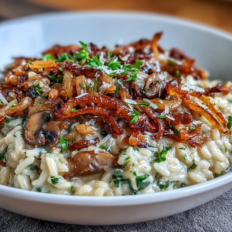 Aromatic risotto with sweet caramelized onions, earthy mushrooms, and fresh parsley, served as a comforting vegetarian main.  