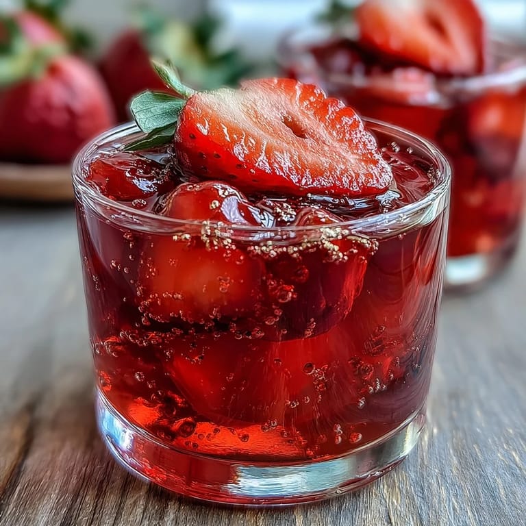 Sparkling champagne jello shots infused with sweet strawberry puree, garnished with whipped cream and gold sprinkles for a romantic touch.