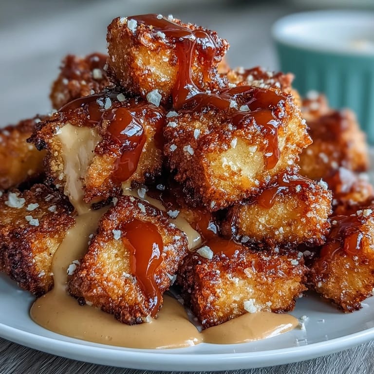 Crispy air-fried tofu paired with a luscious peanut sauce, garnished with peanuts and fresh cilantro for extra flavor.