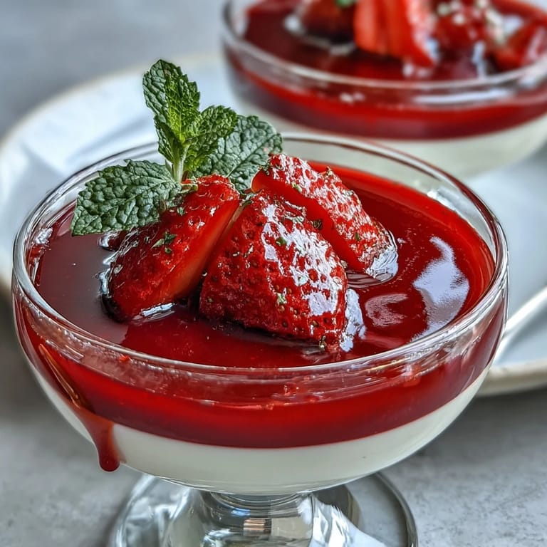 Creamy Italian panna cotta dessert garnished with fresh strawberries and mint leaves.  