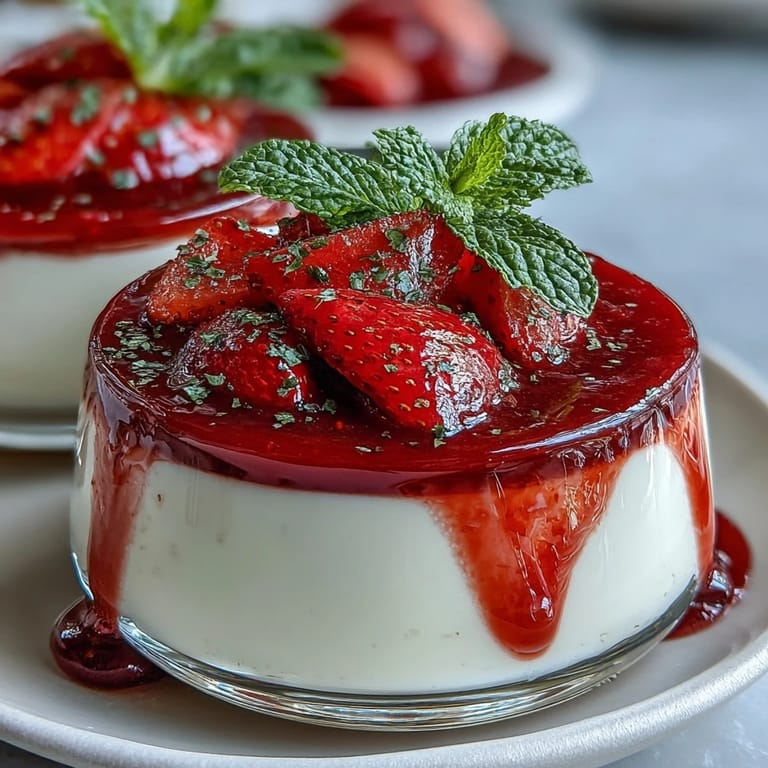 Elegant strawberry panna cotta with smooth vanilla cream and homemade fruit coulis.