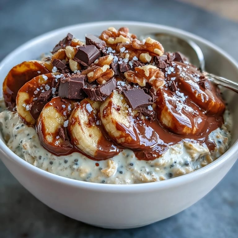A jar of no-cook oats layered with sweet banana, dark chocolate chips, and crunchy walnuts, perfect for busy mornings.