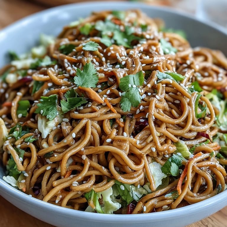 Spicy peanut soba noodles tossed with crisp red and green cabbage, carrots, and bell peppers for a satisfying plant-based meal.