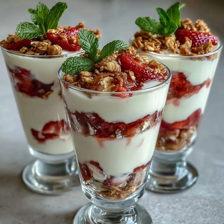 Elegant shot glass parfaits featuring vibrant strawberries, smooth Greek yogurt, and crisp granola, perfect for parties or brunch gatherings.