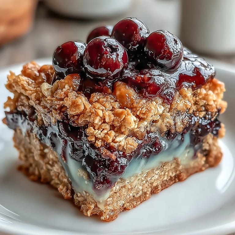 Chewy blueberry oat breakfast bars with a golden crumble topping, ideal for a quick snack or healthy party favor.