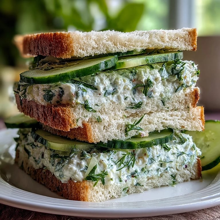 Elegant cucumber tea sandwiches featuring crisp cucumber slices and a flavorful herbed cream cheese spread, served as finger food for special occasions.