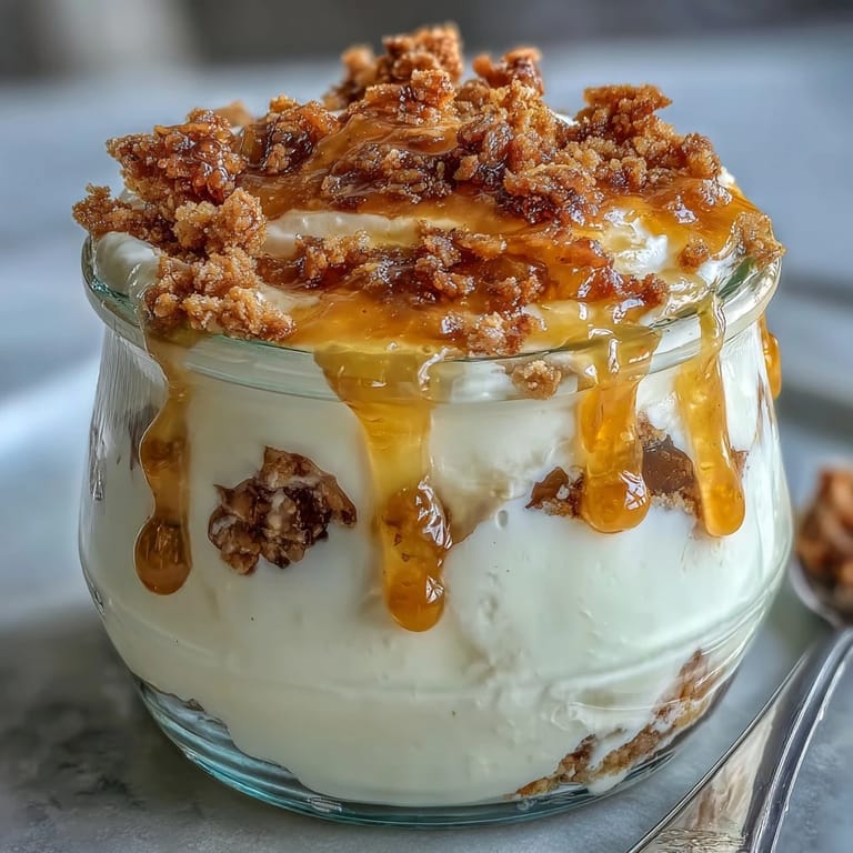 Close-up of Fluffy Yogurt Lemon Parfait with Sourdough Crumb Topping, garnished with fresh berries and mint, showcasing creamy texture and crunchy crumb topping.