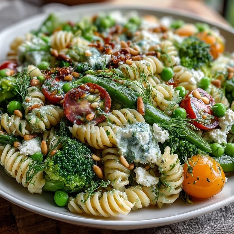 Fresh fusilli pasta salad with crisp broccoli florets, sweet peas, and cucumbers, topped with feta and pine nuts for crunch.  
