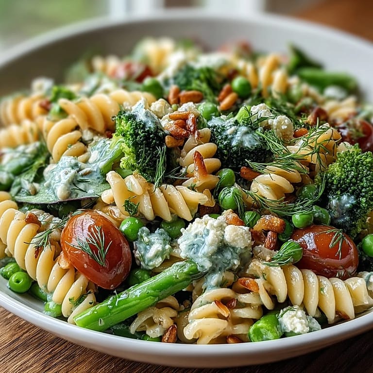 Colorful Spring Garden Pasta Salad with lemon-dill dressing, perfect for picnics or a light vegetarian lunch.