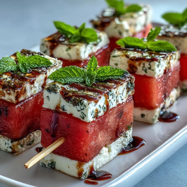 Colorful watermelon feta skewers drizzled with olive oil and balsamic glaze for Mediterranean flair.  