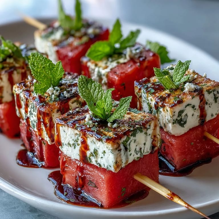Refreshing watermelon feta skewers with mint leaves, perfect for easy entertaining and warm weather gatherings.