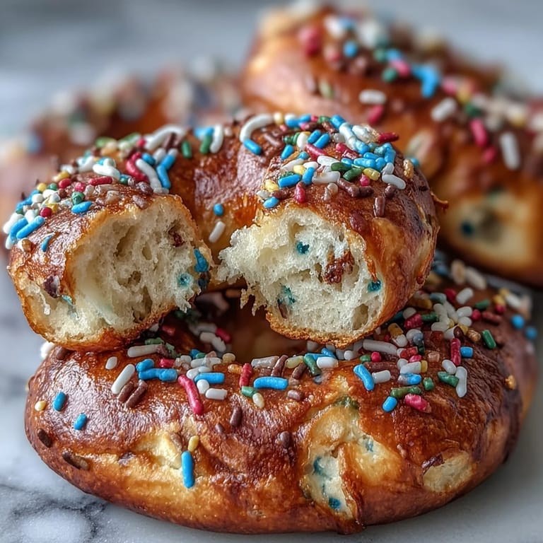Soft and chewy protein bagels infused with vanilla and rainbow sprinkles, offering a fun birthday cake flavor in every bite.