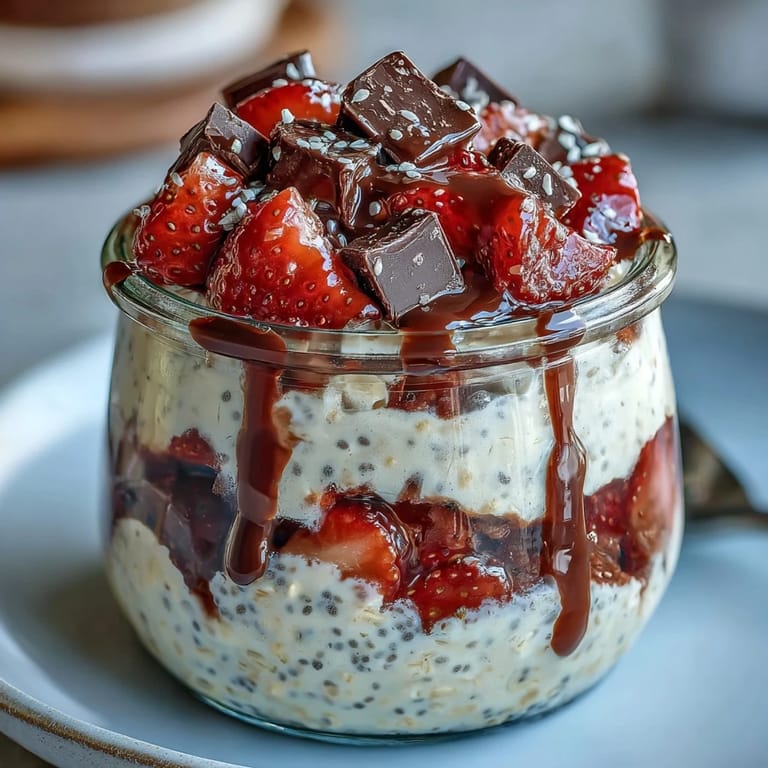 Decadent overnight oats dessert jar filled with strawberries, chocolate chunks, and yogurt for a luscious make-ahead breakfast or sweet treat.