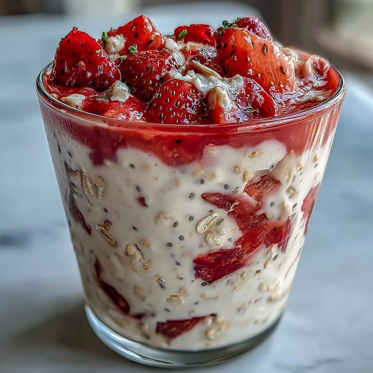 Creamy overnight oats infused with strawberry and lemon zest, garnished with poppy seeds and served in a rustic bowl.