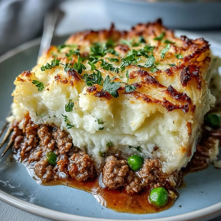 A comforting British Shepherds Pie with rich lamb filling and lighter cauliflower mash, baked until golden and bubbling for a hearty family meal.