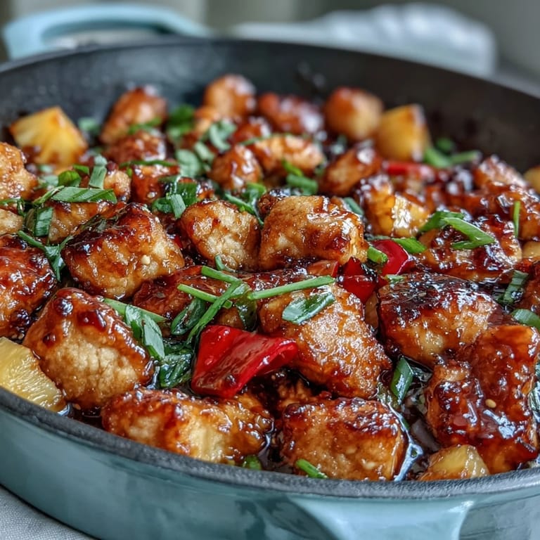 Sweet and sour chicken pineapple skillet with colorful vegetables and golden-brown chicken in a tangy, glossy sauce.  