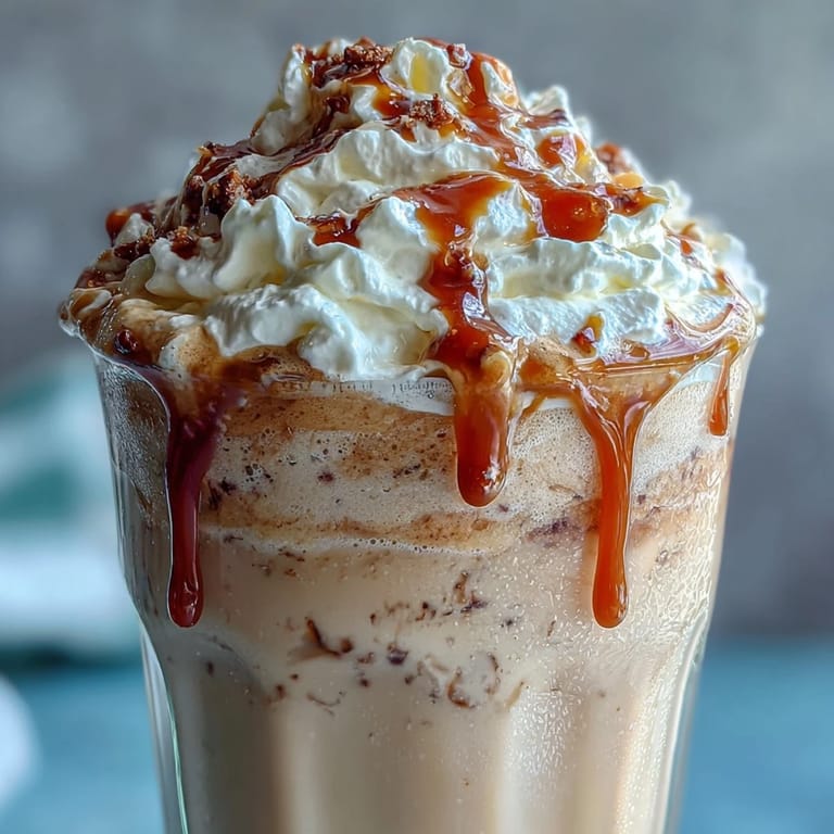 Refreshing vanilla bean frappuccino blended with ice, milk, and coffee, garnished with whipped cream and caramel.  