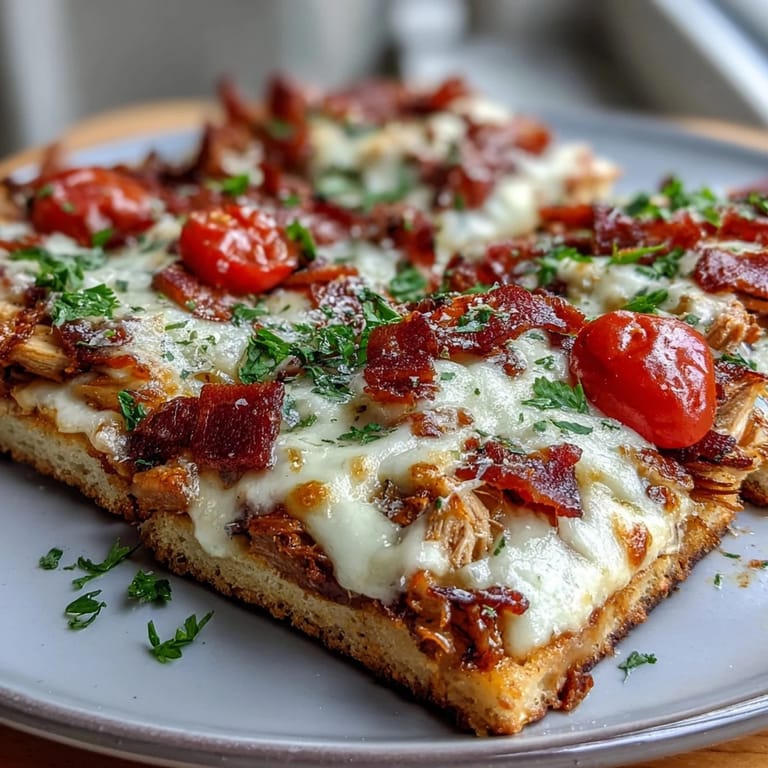 Decadent Kentucky Derby Hot Brown Flatbread Pizza topped with Mornay sauce, juicy tomatoes, and fresh parsley.