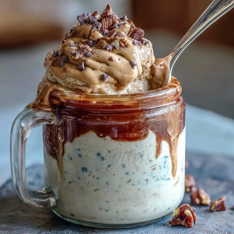 Vanilla Bean Frappuccino-inspired overnight oats layered with espresso, chia seeds, and vanilla bean.  