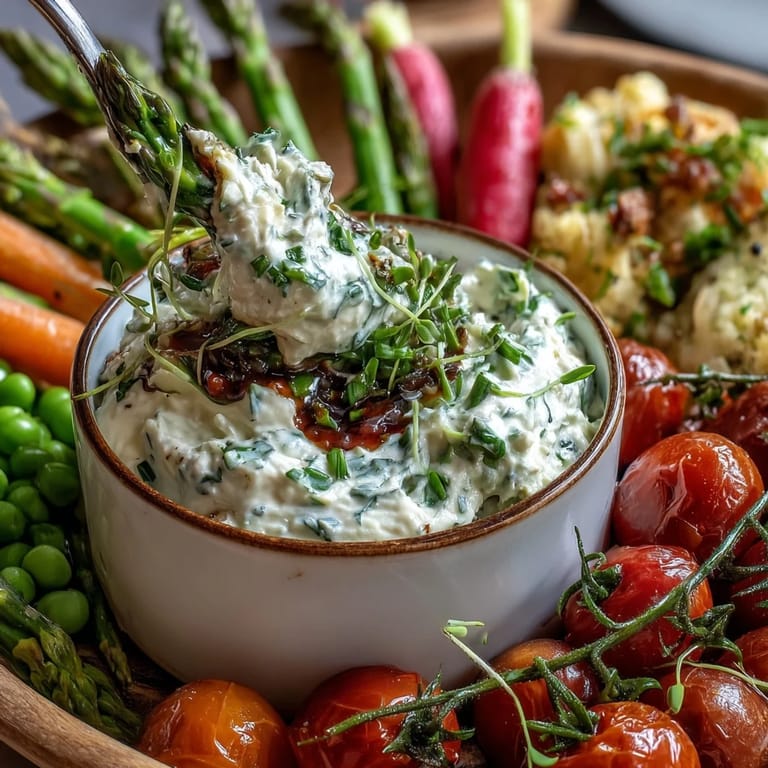 Fresh radishes, tender peas, and baby carrots arranged with a vibrant herb yogurt dip for a light appetizer.