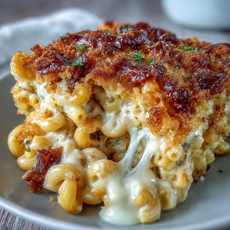 Southern soul food mac and cheese featuring elbow pasta in velvety cheese sauce, topped with crispy breadcrumbs and melted cheddar.