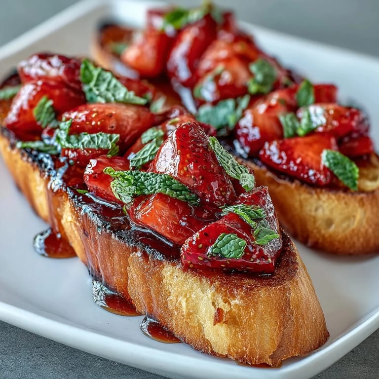 A close-up shot of several pieces of fresh strawberry bruschetta garnished with mint and balsamic glaze.
