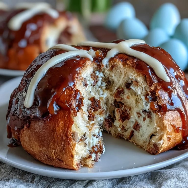 Golden hot cross buns topped with a tangy orange-lemon glaze, studded with dried fruit and warm spices.  