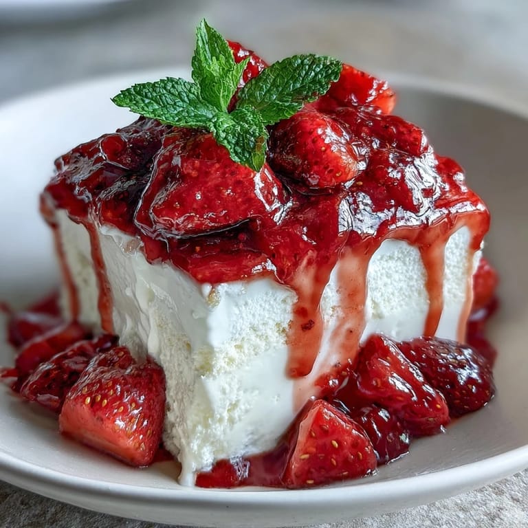 Sweet strawberry compote spooned over thick Greek yogurt, garnished with mint leaves and a honey drizzle.  