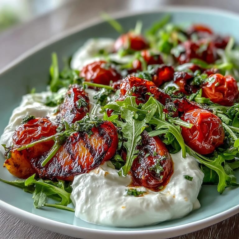 Arugula, juicy tomatoes, and tender grilled peaches are topped with burrata and finished with balsamic for a fresh, Italian-inspired salad.