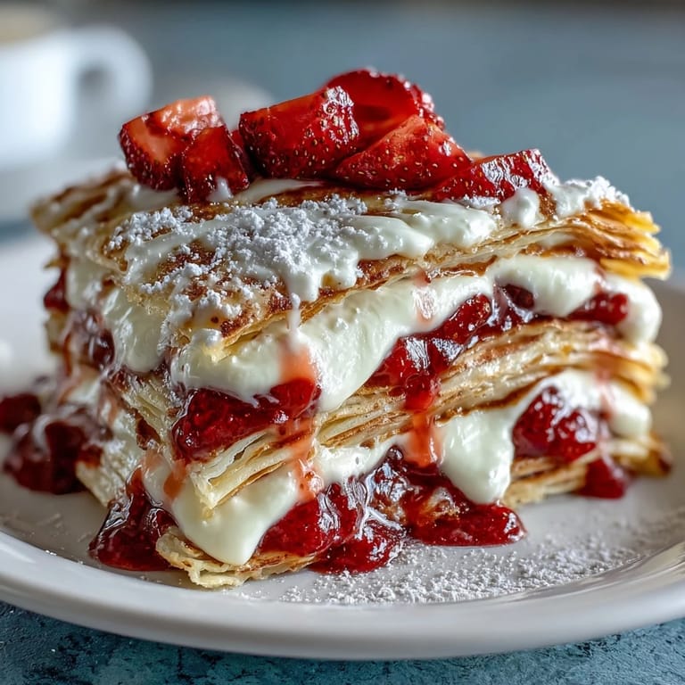 Layered strawberry crepe cake featuring delicate crepes, sweet vanilla cream, and juicy strawberries, perfect for brunch or special celebrations.