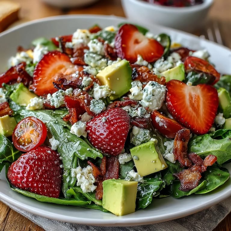 Fresh Spring Cobb Salad featuring juicy strawberries, creamy avocado, and tangy feta, served with a balsamic drizzle.