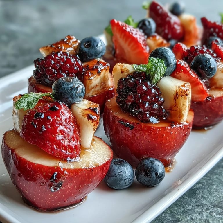 Colorful red, white, and blue fruit skewers featuring juicy strawberries, sweet banana slices, and plump blueberries for a summer celebration.
