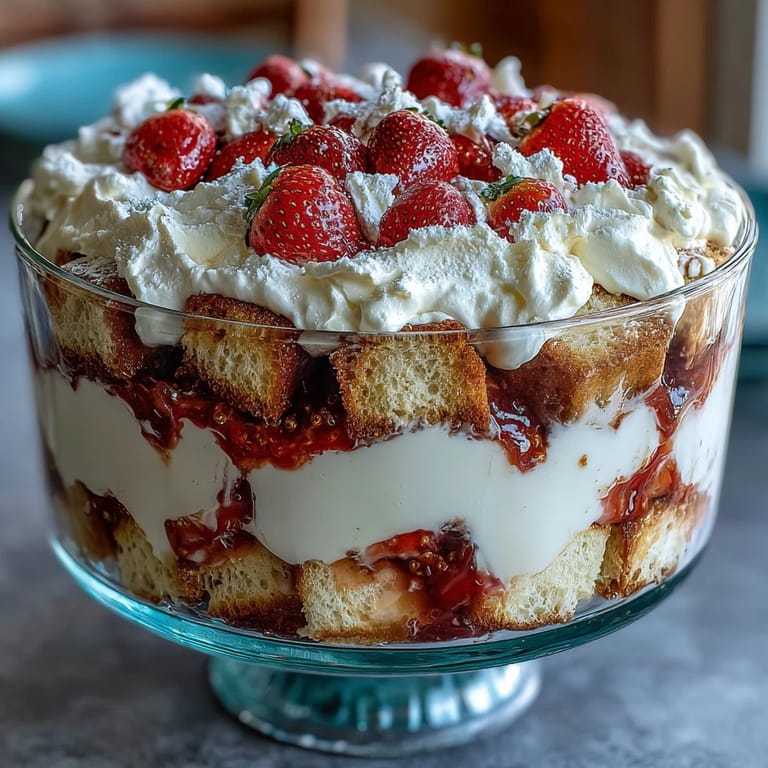 Showstopping Mothers Day dessert trifle with alternating layers of buttery shortcake, macerated strawberries, and sweet vanilla cream.