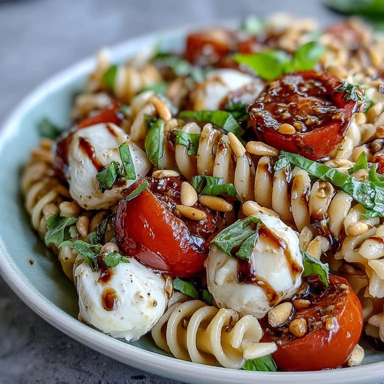 Close-up of vibrant Caprese-style pasta salad with juicy tomatoes, creamy mozzarella, and fragrant basil.