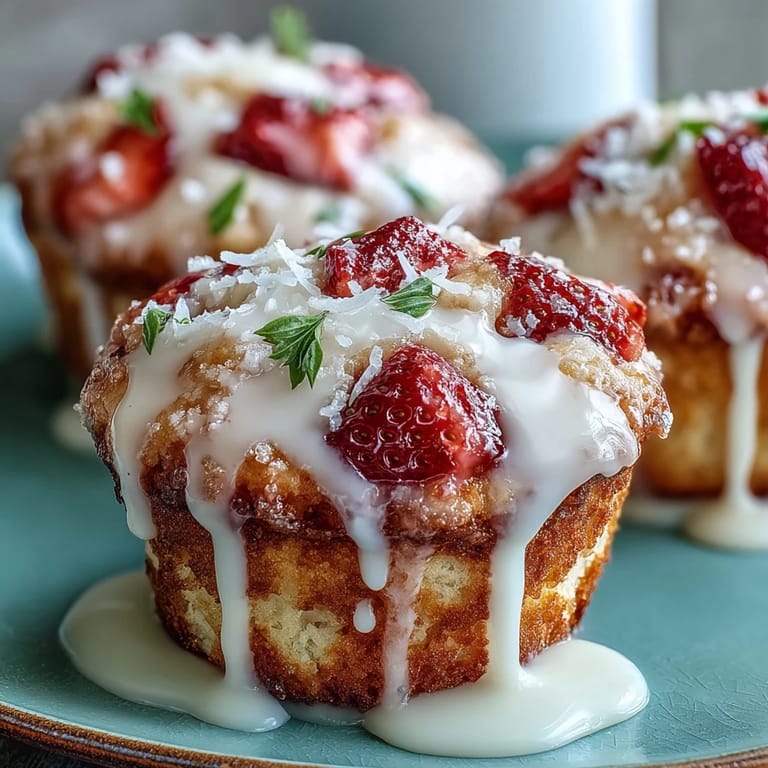 Fluffy muffins bursting with ripe strawberries and bright lemon zest, drizzled with a sweet-tart citrus glaze for a delightful treat.