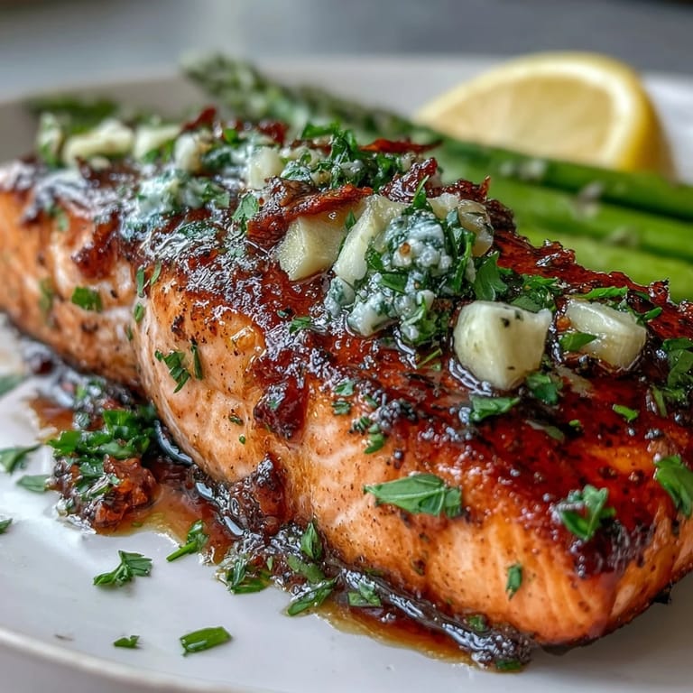 Pan-seared salmon fillets with tender asparagus spears, drizzled in aromatic garlic butter for a healthy spring meal.