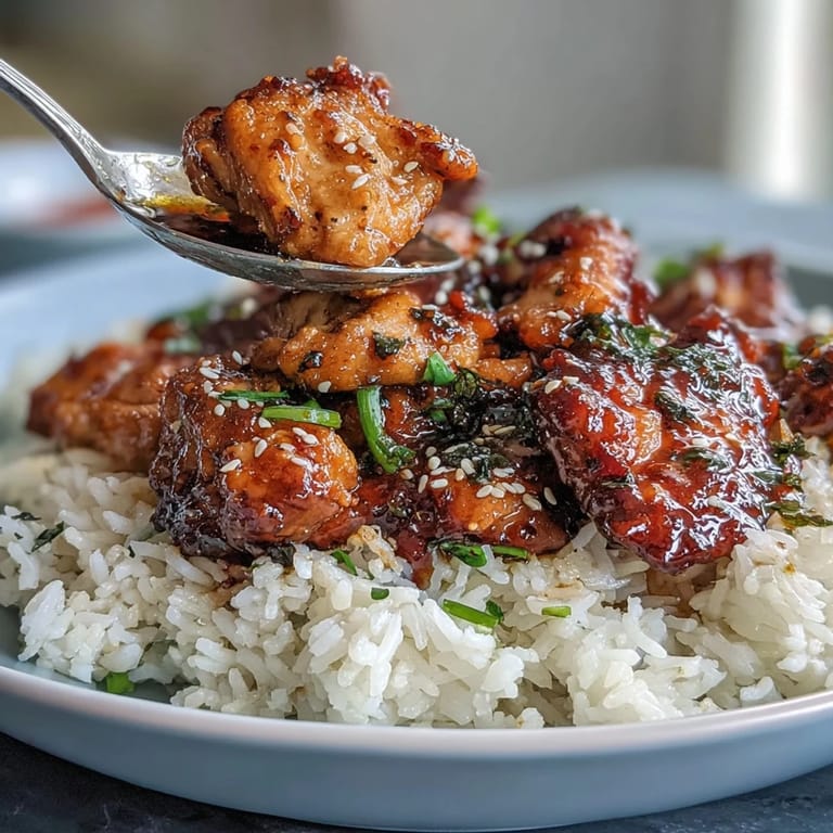 2. Slow-cooked Honey Garlic Chicken with Rice: juicy chicken thighs glazed in savory honey garlic sauce, plated with steaming rice.  