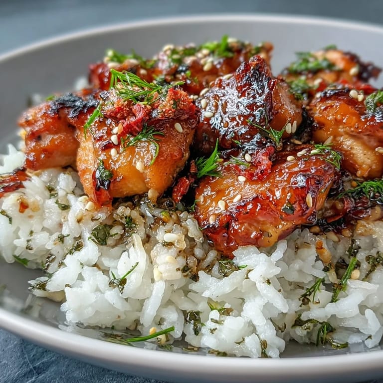 3. Honey Garlic Chicken with Rice: golden chicken thighs in a glossy honey garlic glaze, served over aromatic basmati rice.