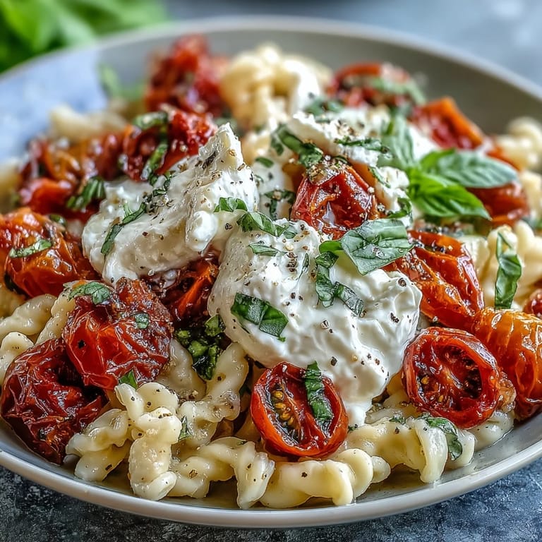 Fresh basil and creamy burrata crown this Caprese pasta, offering a burst of summer flavors in every bite.