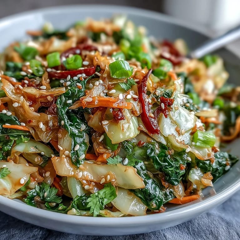 Vibrant cabbage stir fry recipe featuring soy sauce, sesame oil, and fresh chilies for a bold, spicy flavor.