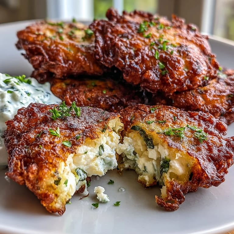 Delicious zucchini pancakes with creamy feta and fresh herbs, paired with tangy mint yogurt for dipping.  