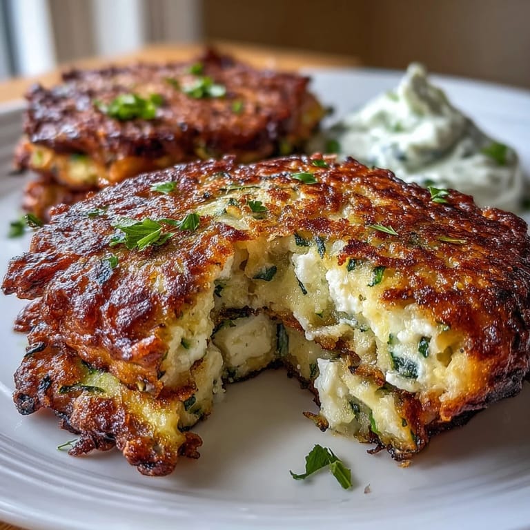 Golden zucchini fritters with crumbled feta cheese, served alongside refreshing mint yogurt dipping sauce.