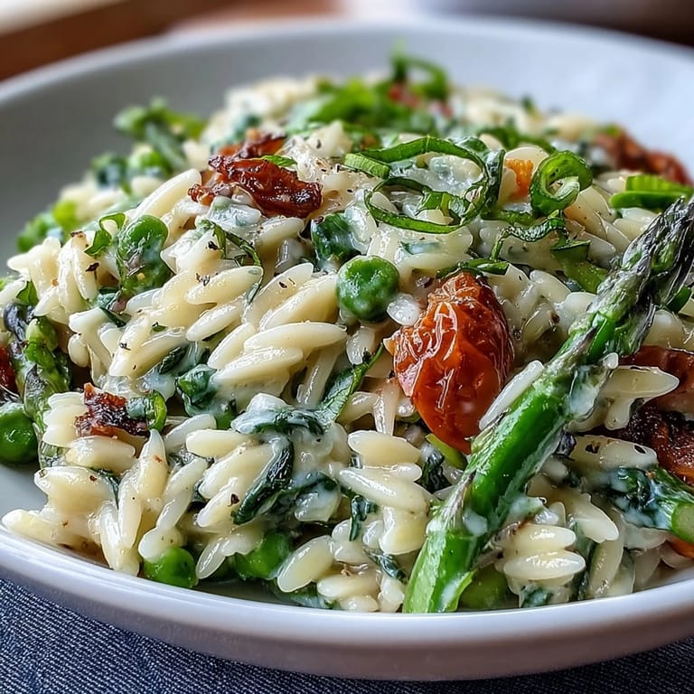 Creamy spring orzo primavera featuring asparagus, zucchini, and parmesan for a fresh seasonal pasta dish.  