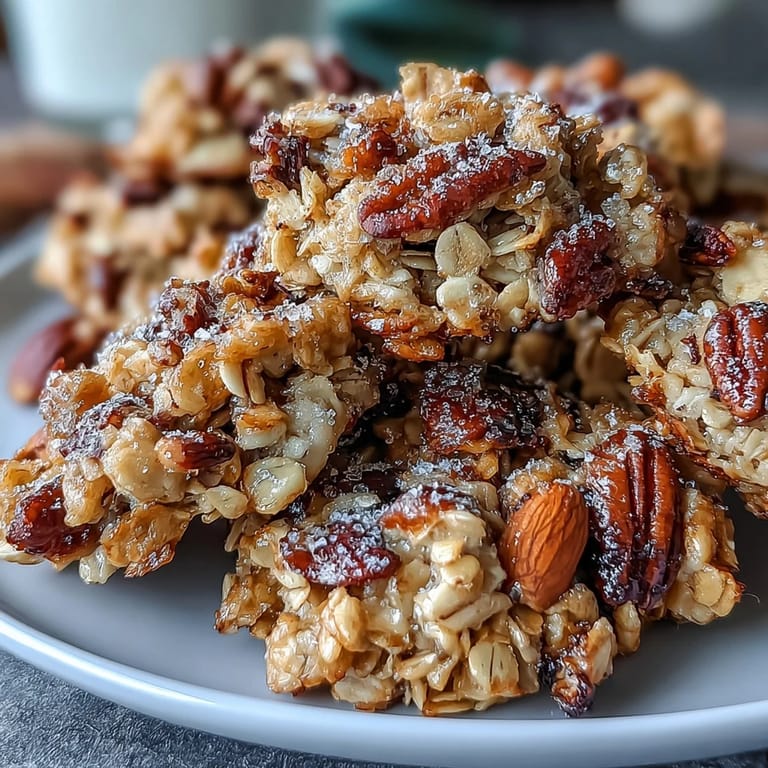 Golden-brown homemade granola clusters packed with hearty oats, crunchy nuts, and sweet honey, ideal for topping yogurt or enjoying on their own.  