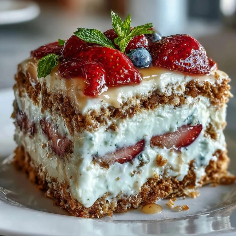 Patriotic red, white, and blue icebox cake featuring juicy strawberries, creamy whipped layers, and graham cracker base, chilled for summer gatherings.