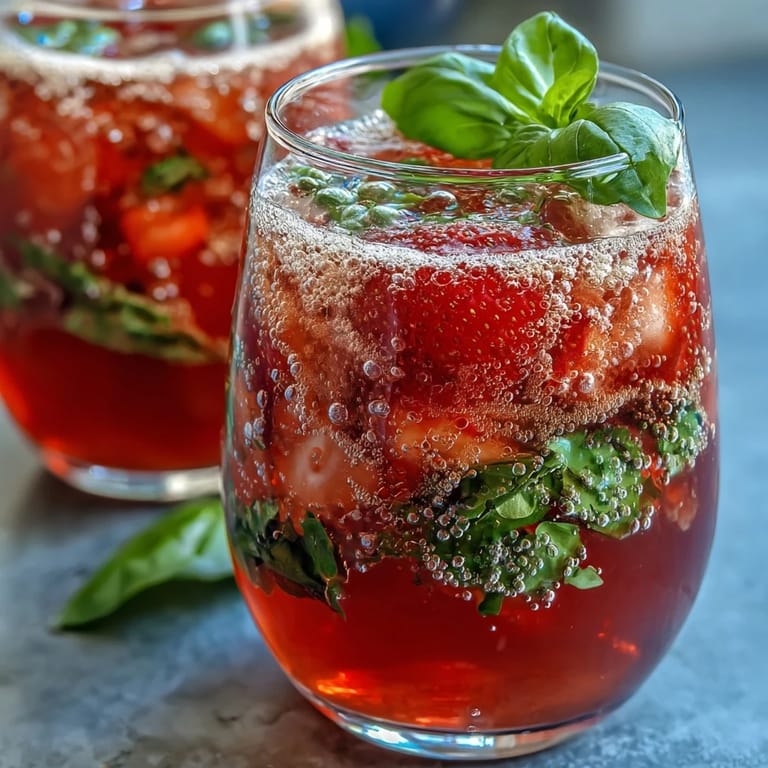 Colorful strawberry basil mocktail featuring sweet berries, fragrant herbs, and effervescent bubbles in elegant glassware.