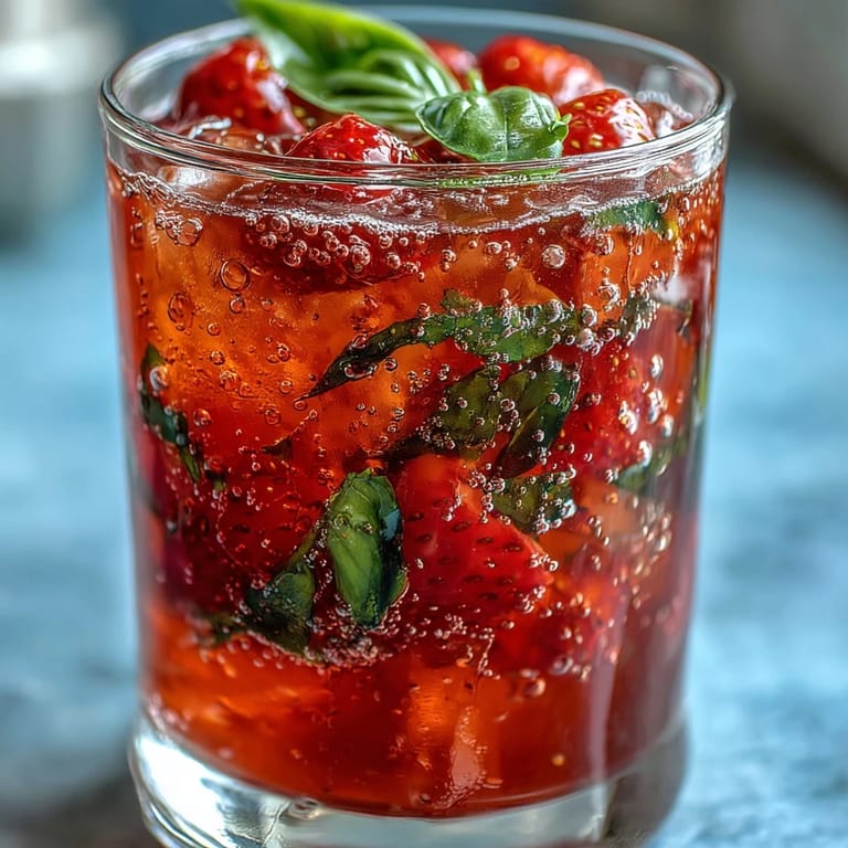 Refreshing strawberry basil mocktail with muddled fruit and sparkling water, served over ice for a healthy, non-alcoholic treat.